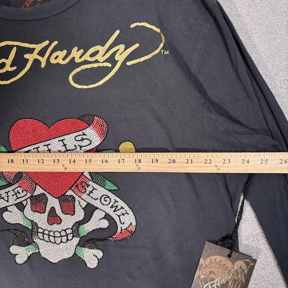 Ed Hardy Love Kills Slowly Long Sleeve Shirt Black Rhinestone Skull XL‎ NWT